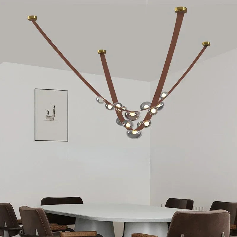 Simple living room glass ceiling chandelier duplex staircase design Luxury restaurant exhibition hall Retro leather hanging lamp