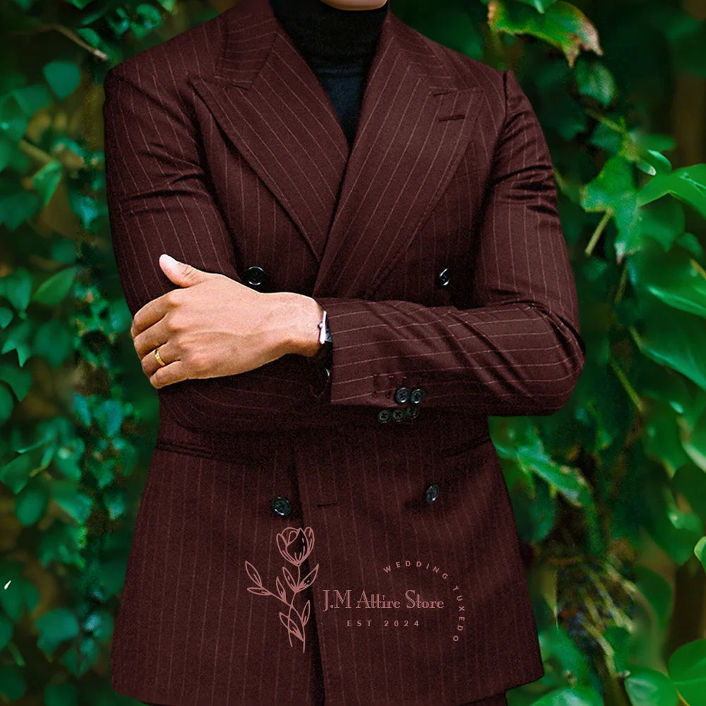 Men formal suit 2-piece set blue striped peak lapel double breasted jacket pants for wedding meeting dinner party custom tuxedo