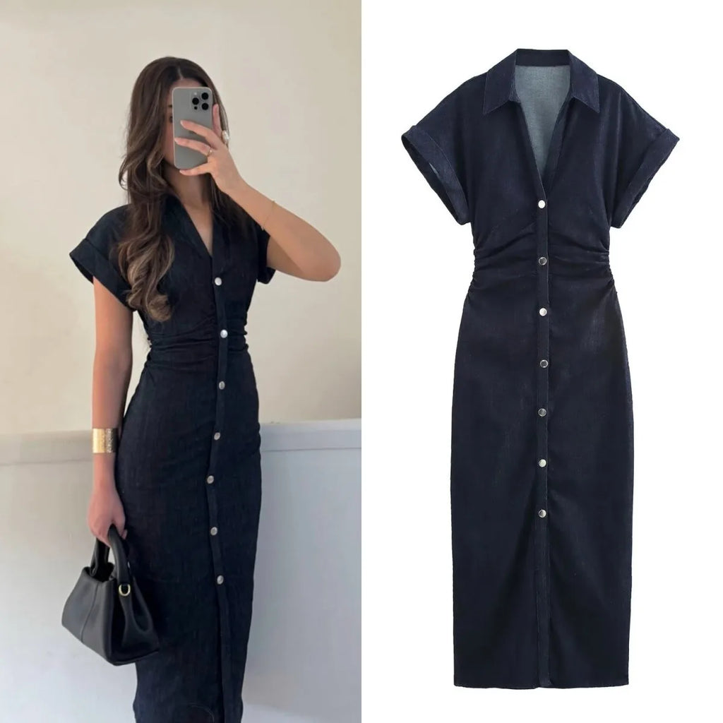 2025 traf Spring New 1975 series denim MIDI dress with lapel side zipper fashion wrinkle waist slim elegant dress