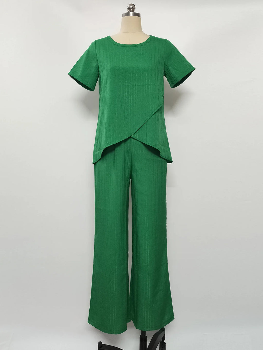 Casual Solid Suit Women 2025 Fashion Round Neck Short Sleeve Irregular Split Top Elastic Waist Trousers Two Piece Set
