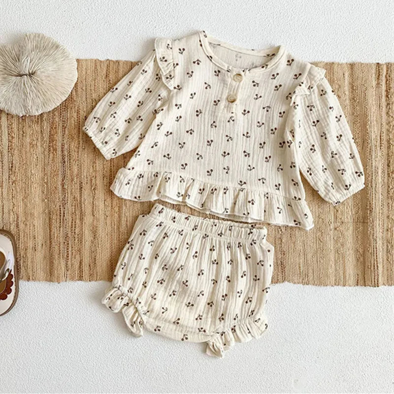 Baby Girls Clothes Sets Long Sleeve Outfits Newborn Muslin Cotton Shirt Tops+Shorts Suits Clothes 2PC 0-3T