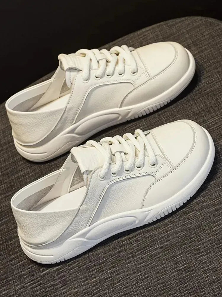 Flat cow skin shoes for women informal comfortable and breathable sneakers white