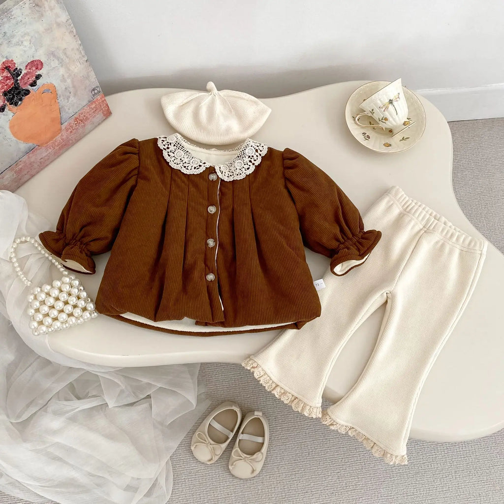 2025 Autumn Collection Girls' Velvet Bellbottom Pants with Western Style Lace Pants, Versatile Warm Baby Girls' Casual Pants