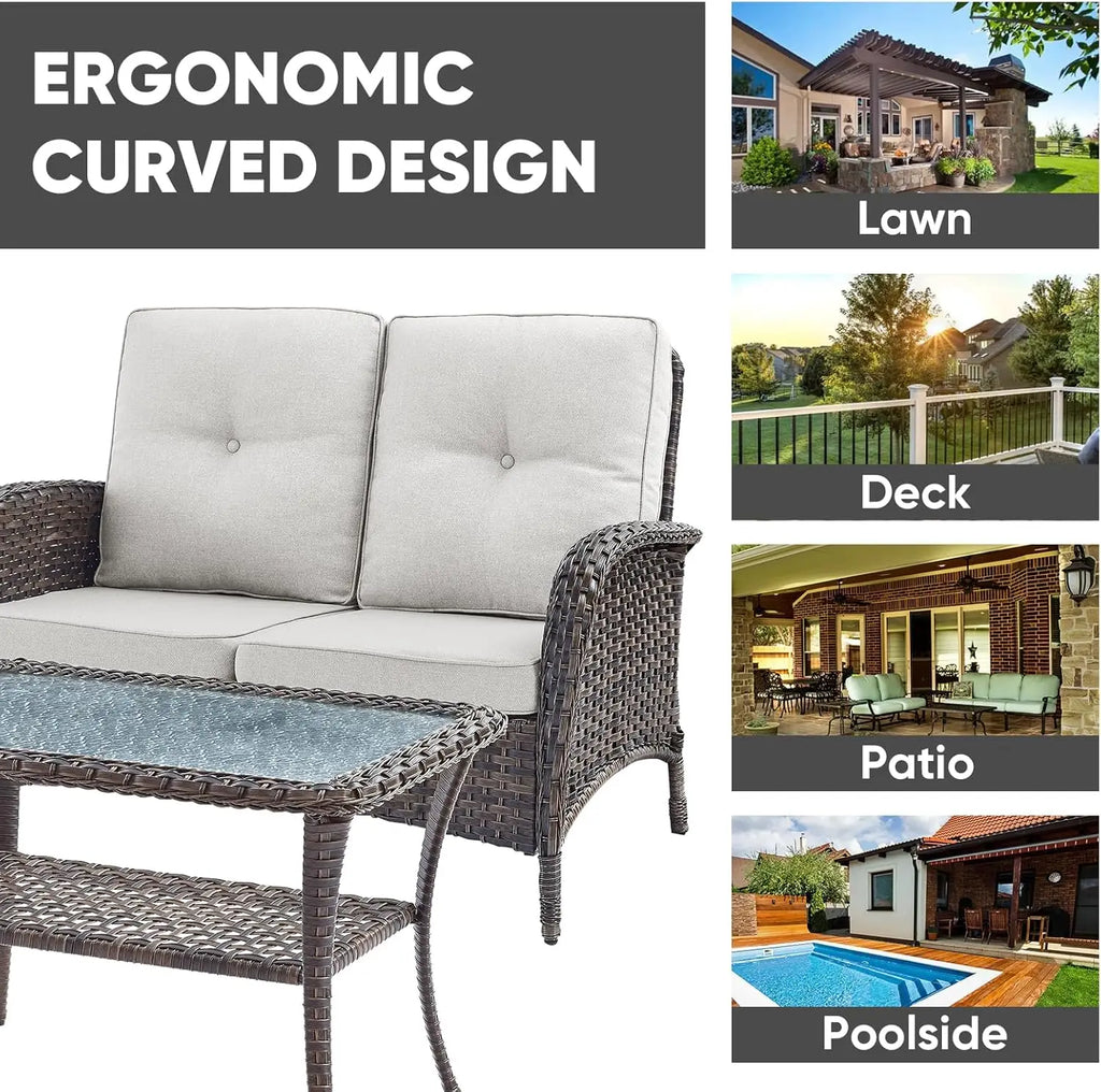 Outdoor Loveseat Sofa 2-Seat PE Wicker Outdoor Couch with Coffee Table, Deep Seat High Back Patio Furniture for Patio, Garden, P