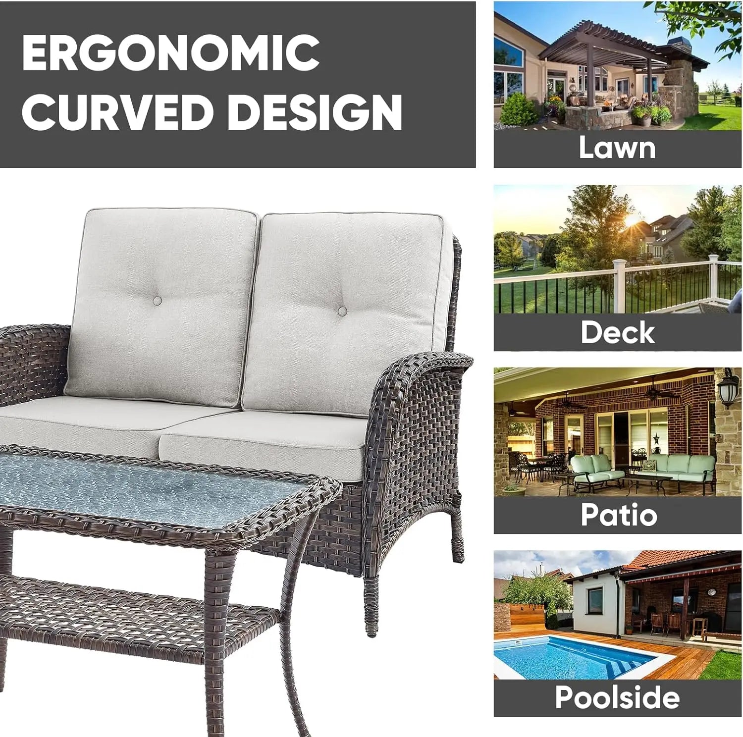 Outdoor Loveseat Sofa 2-Seat PE Wicker Outdoor Couch with Coffee Table, Deep Seat High Back Patio Furniture for Patio, Garden, P