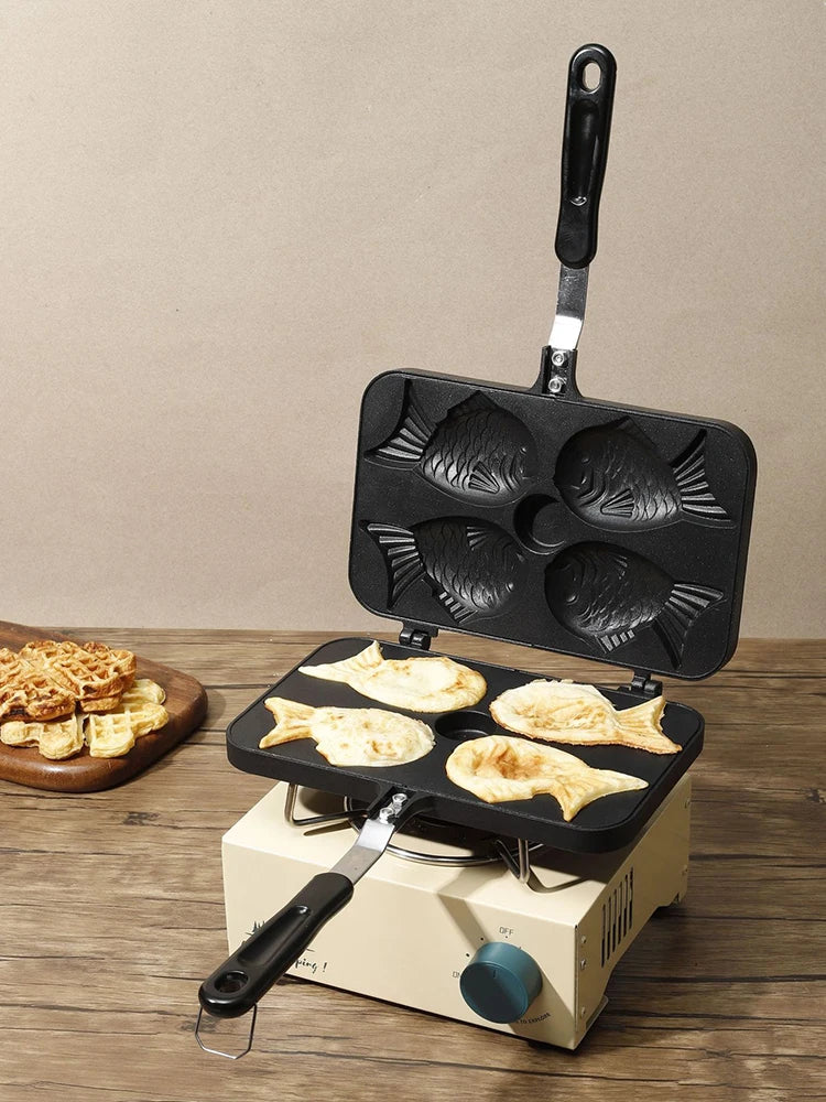 Kitchen Japanese Taiyaki Double Fish Shaped Hot Dessert Waffle Cake Maker Pan Japanese Pancake Double Pan Fry Pan Waffle Molds