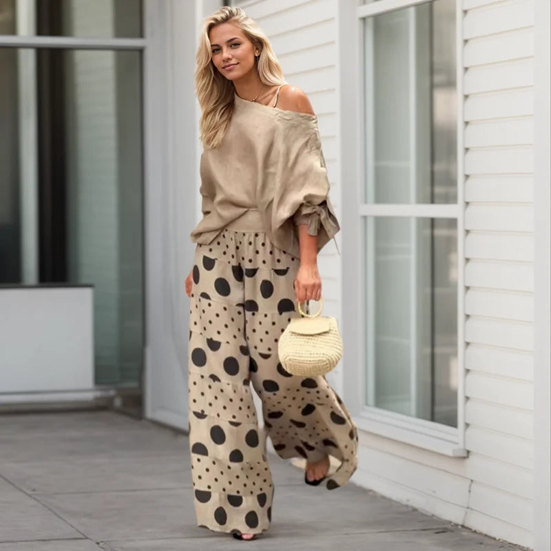 Casual Suit Set For Women Solid Color Nine-quarter Sleeve Slant Collar T-Shirt Women Two Piece Sets Loose Polka Dot Printed Suit