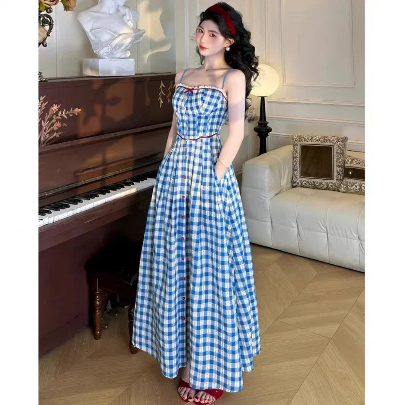 Summer Plaid Halter Dress Slimming Square Collar French Style Splicing Mini Dress Knee Length Empire Waistline Vintage Checkered