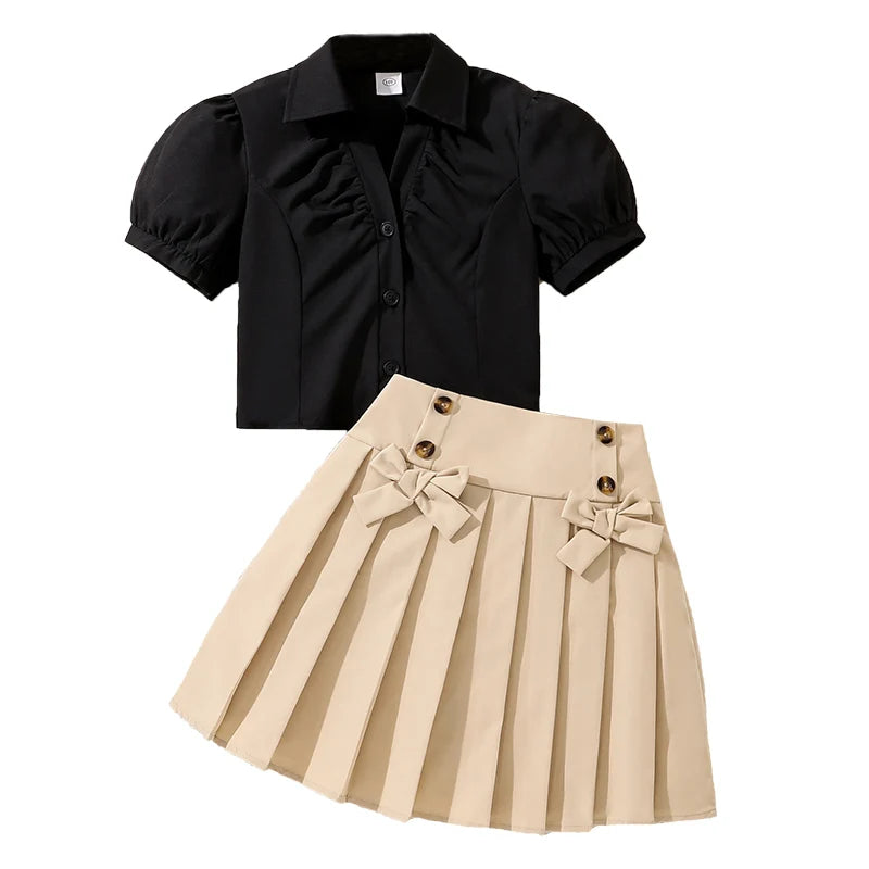 Kids Clothing Sets For Girls 8-12 Years Adorable V-neck Puff-sleeve T-shirt & Bow-knot Pleated Skirt 2 Pieces Set Summer Outfit