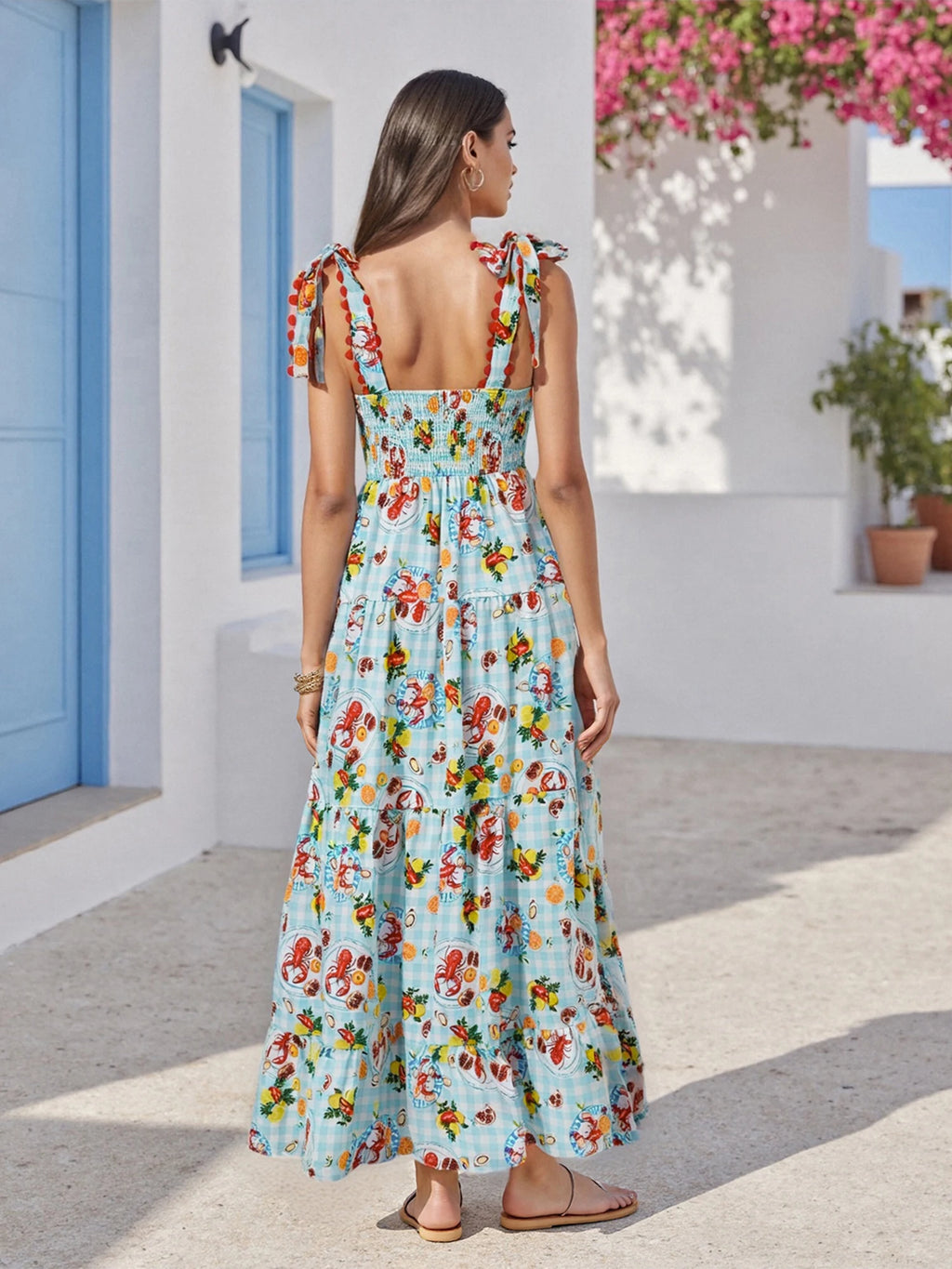 Women s Sleeveless Plaid Slip Dress with Food Print Tie-up Detail Perfect for Summer Cocktail Parties and Events