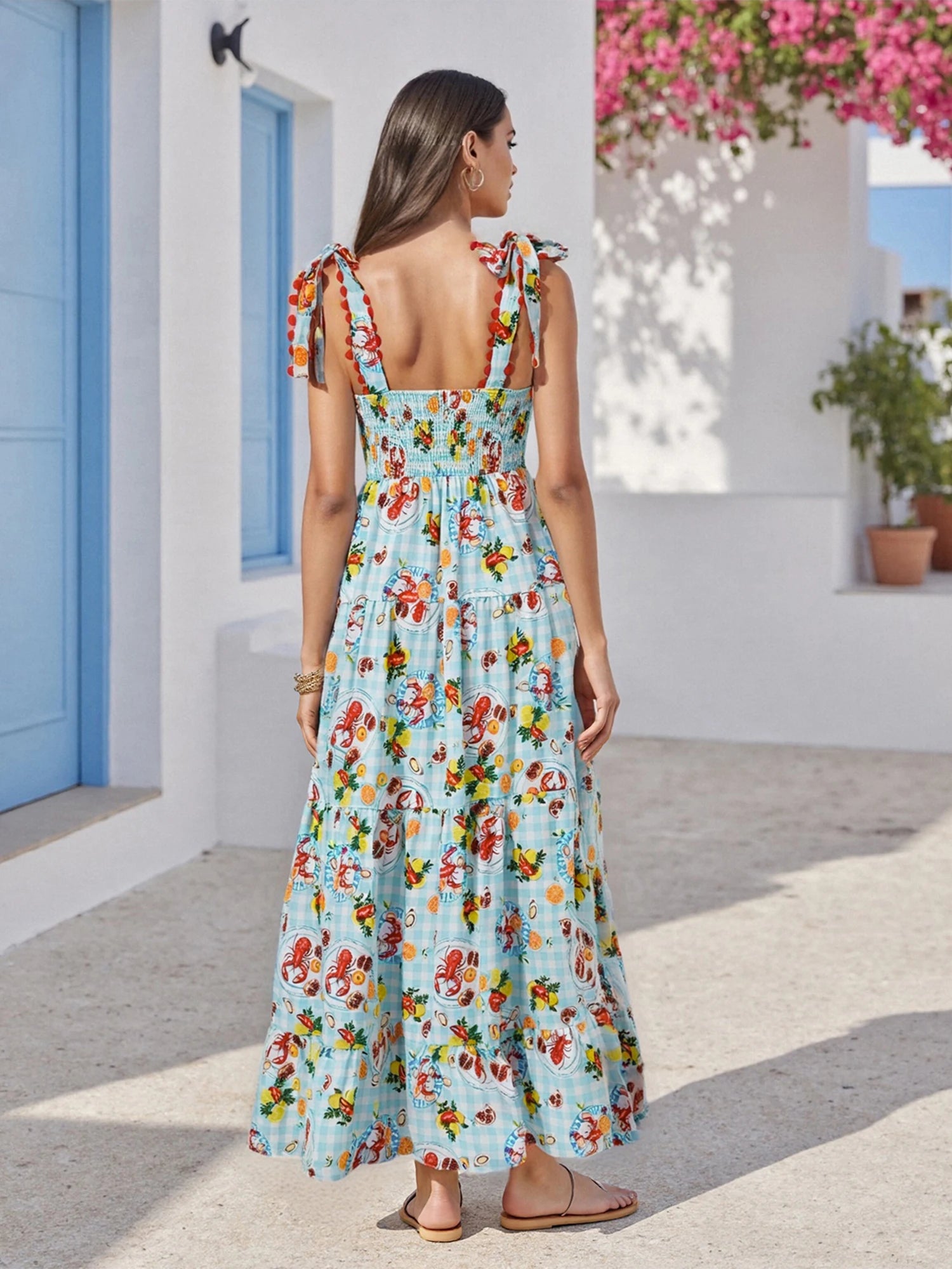 Women s Sleeveless Plaid Slip Dress with Food Print Tie-up Detail Perfect for Summer Cocktail Parties and Events