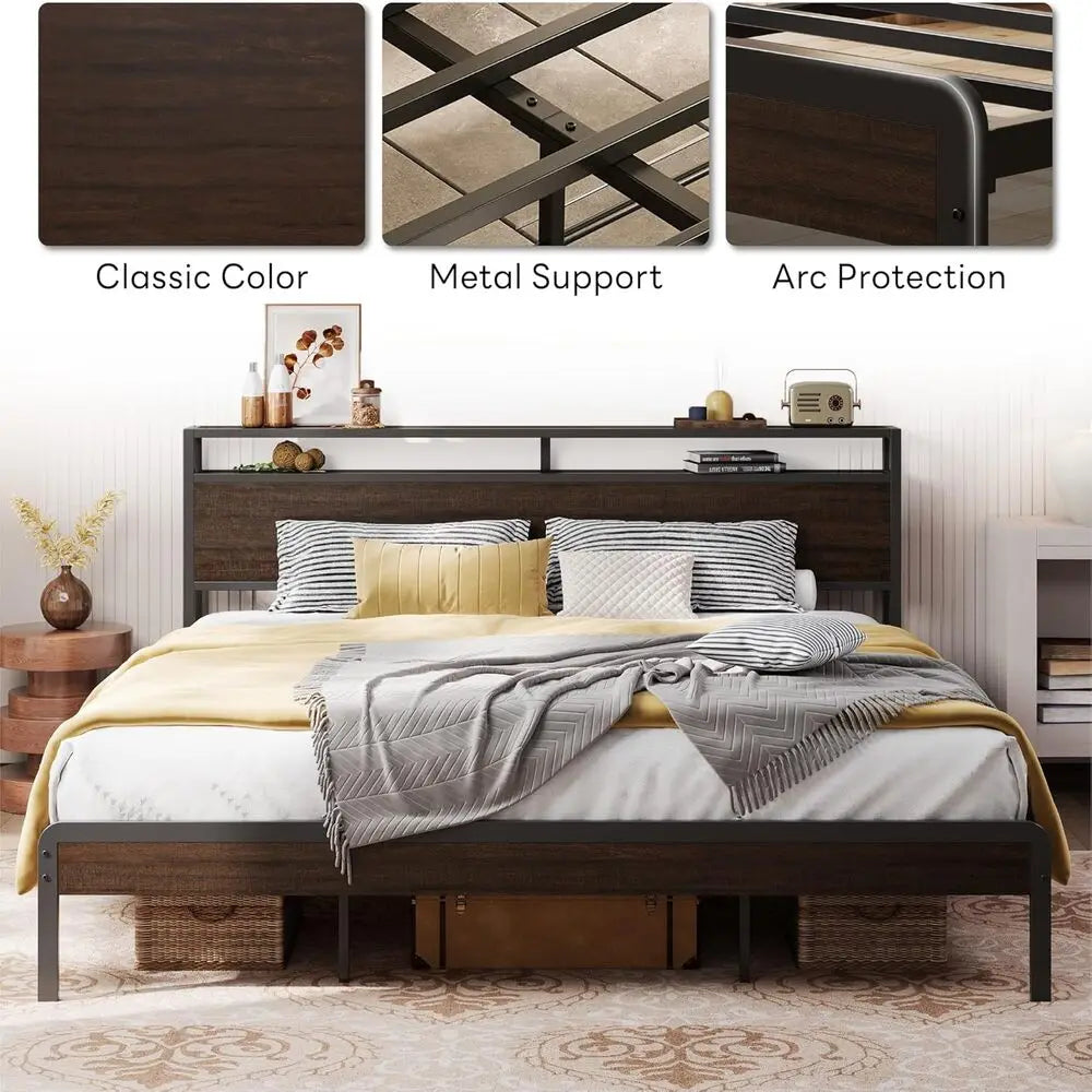 LIKIMIO California King Bed Frame with Headboard, Dark Wood Camas California King with Strong Supports, Sturdy, Noise-Free
