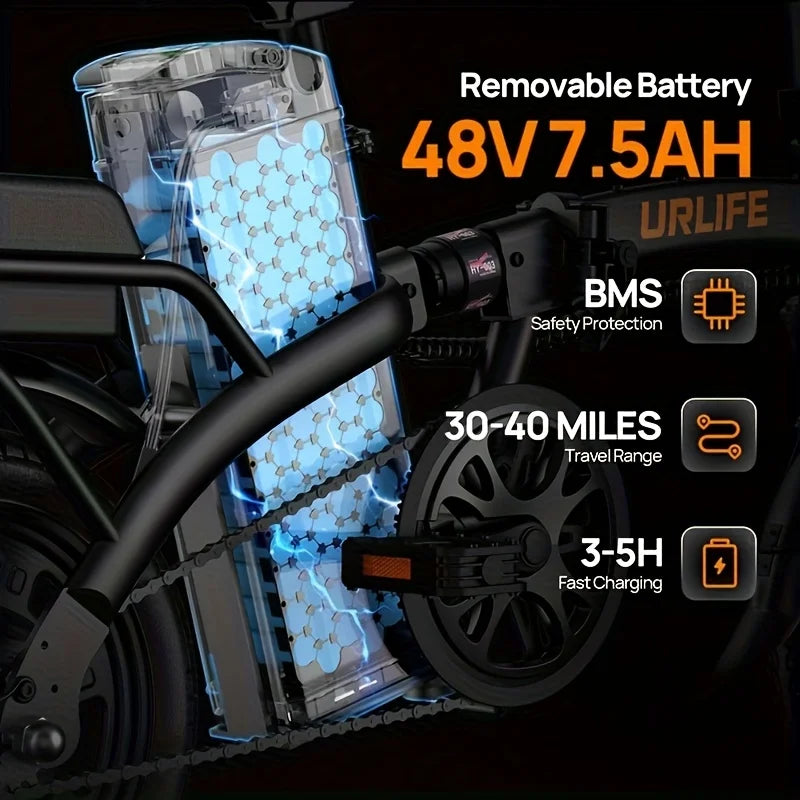 14" Foldable Electric bicycle for Adult, Peak 500W Motor with 48V 7.5Ah Removable Battery 40 Miles Range 3 Hours Charge Time