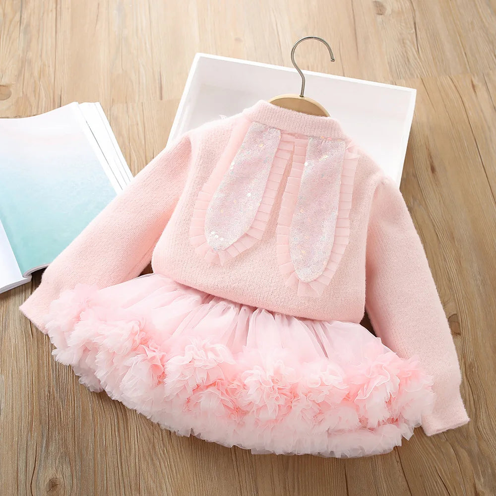 Girl Clothes Set Girls Suits Sweater Cardigan Tutu Tulle Skirt Mesh Ball Gown Baby Toddler Girl Clothing Kids Children Outfit