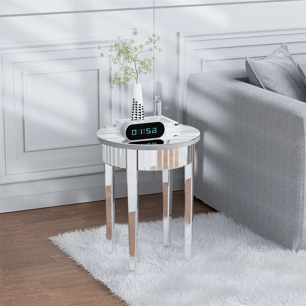 LUVODI Modern Silver Mirrorred Side Table Round Accent Table for Living Room, Bedroom, Sofa Couch Side
