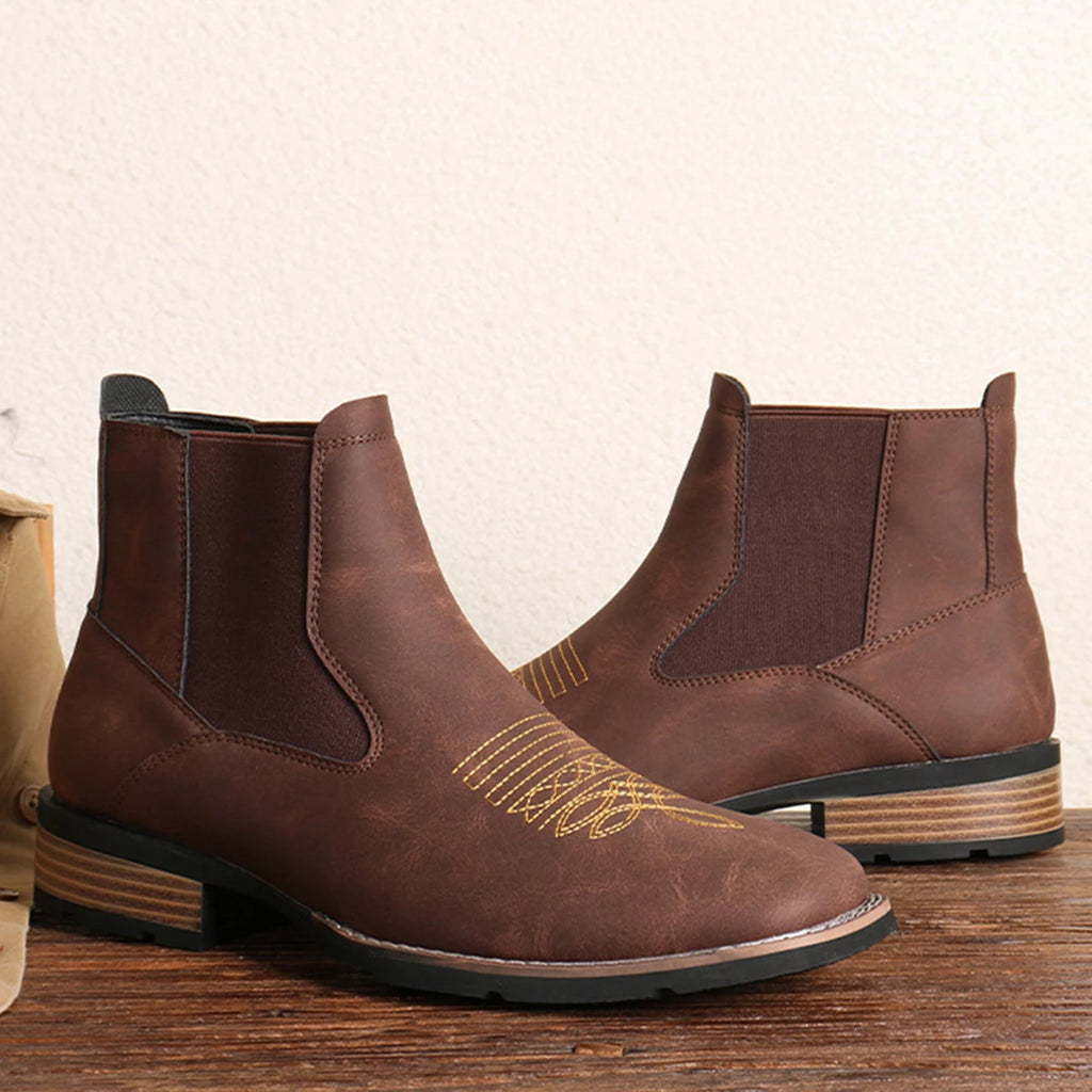 Men's Embroidery Boots With Golden Stitches Wear Ankle Boots Casual British Style Casual Shoes With Golden Stitches Decorated Wi