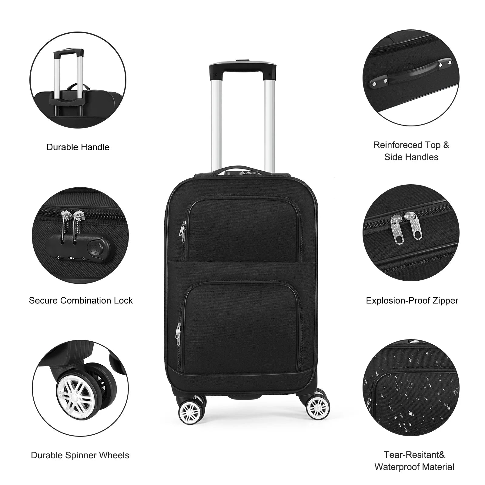 Soft edged travel 20 inch lightweight luggage with rotating wheels, Oxford fabric suitcase with small diagonal fabric