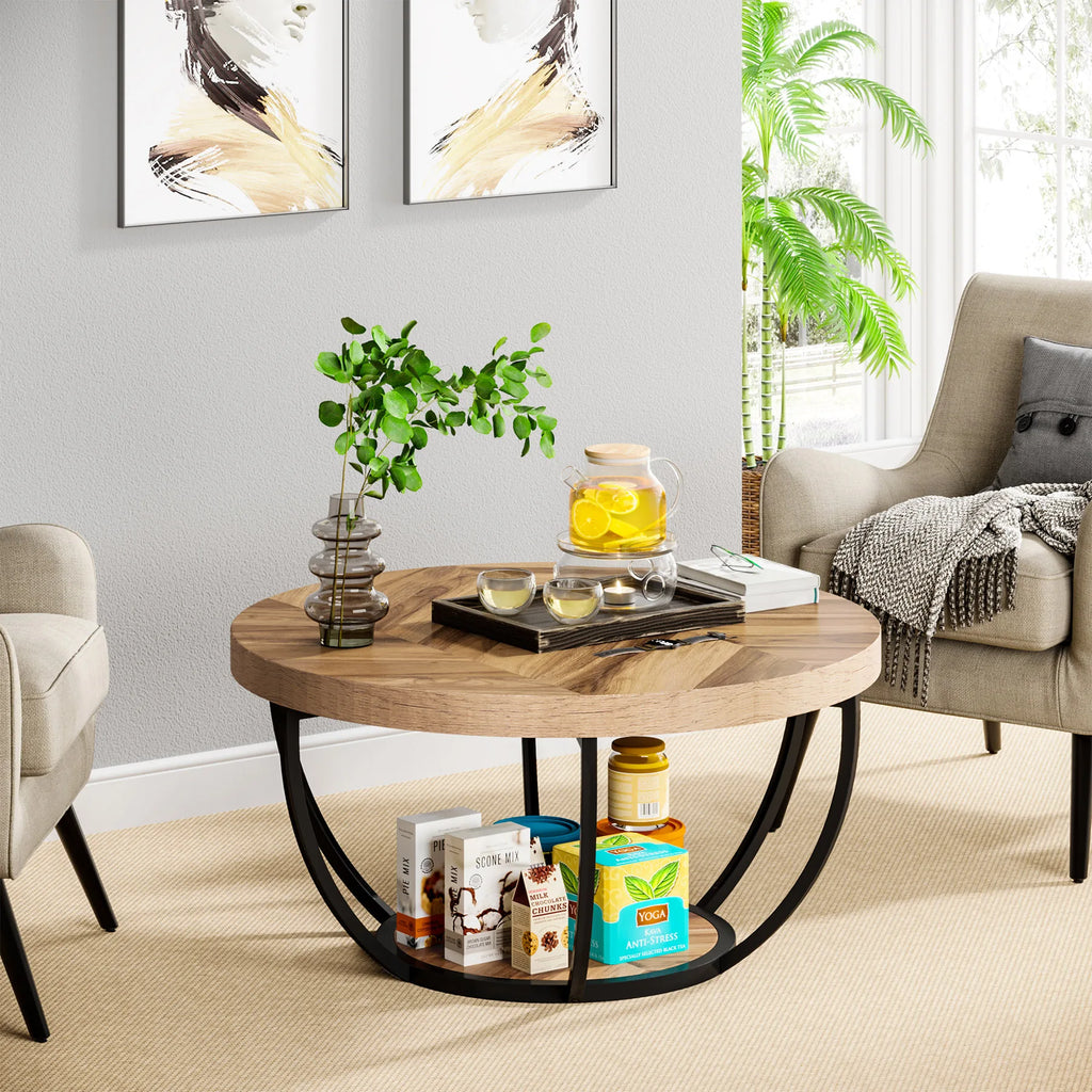 Tribesigns 31.7" Round Coffee Table, Industrial 2-Tier Circle Coffee Table with Storage Shelves, Modern Wooden Sofa Side Table