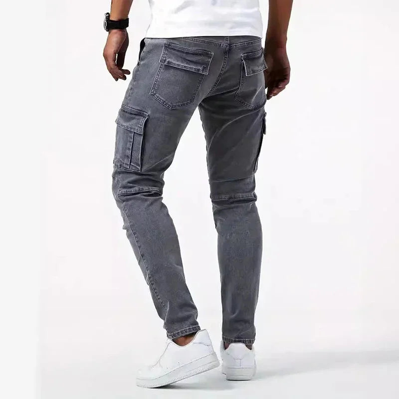 Men Casual Pencil Jeans Male Elastic Multi Pocket Small Slim High Street Denim Pants Wash Solid Color Mid Waist Cargo Jeans