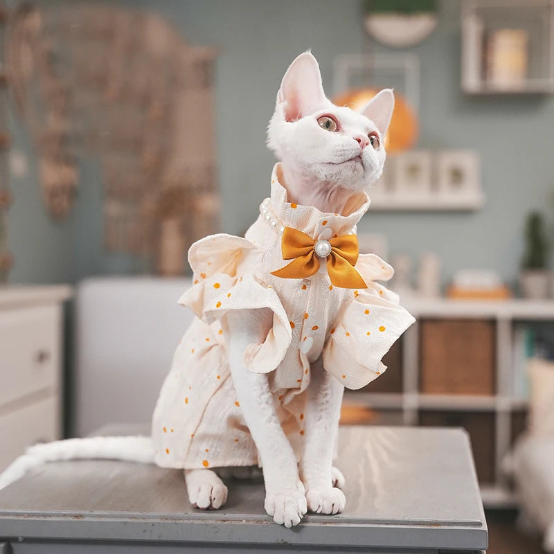 Luxury Lotus Cat Dress with Bow-tie Sphynx Cat Devon Rex Conis Cat Costume Kitten Outfits Sphynx Cat Dress Hairless Cat Clothing
