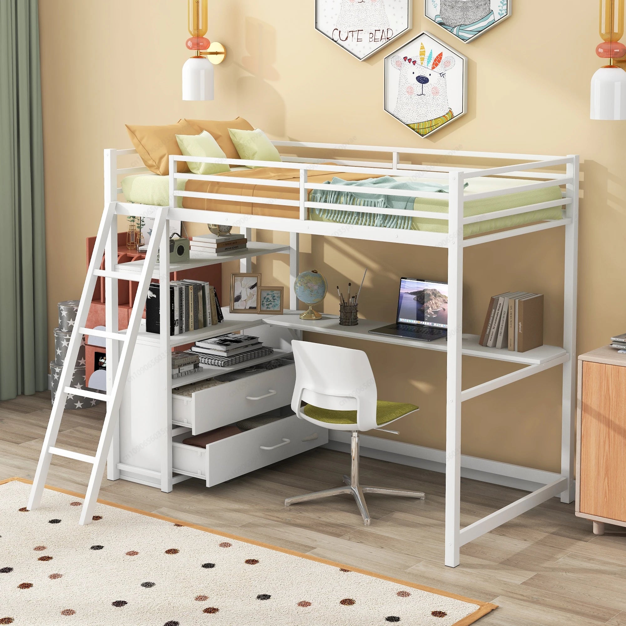 Twin Size Metal&Wood Loft Bed with Desk and Shelves, Two Built-in Drawers,  White ,Blak,Oak Natural Immediate delivery from US