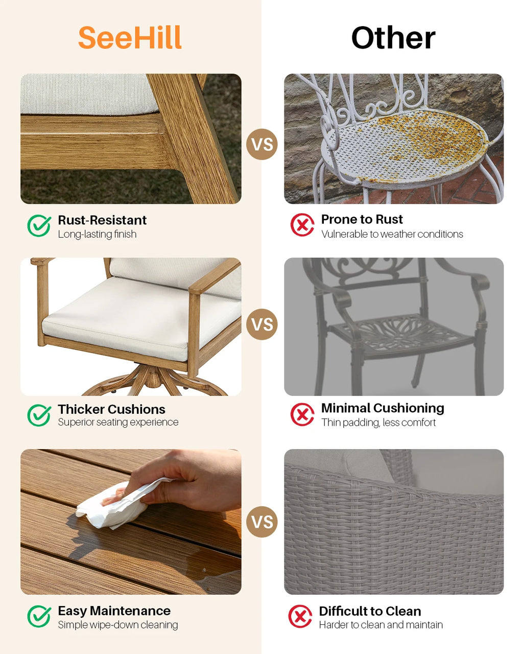 Seehill 9 Pieces Patio Furniture Outdoor Set, Outdoor Aluminum Outdoor Dining Table Set With 2 Swivel Chairs For Deck, Teak