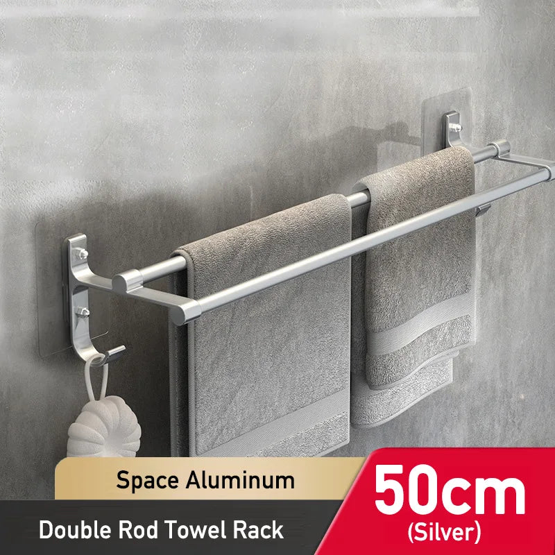 Bathroom Hand Towel Rack Towel Holder Wall Mount No Drill Mount 40/50cm Towel Bar Shelf Aluminum Double Rod 2 Tier Towel Rail