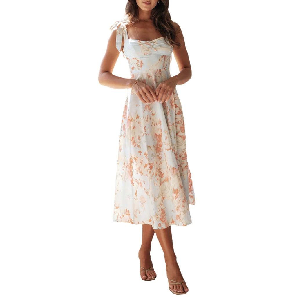 Women Sling Dress Sleeveless Low-cut Tie-up Flower Print Summer Long Dress for Cocktail Party