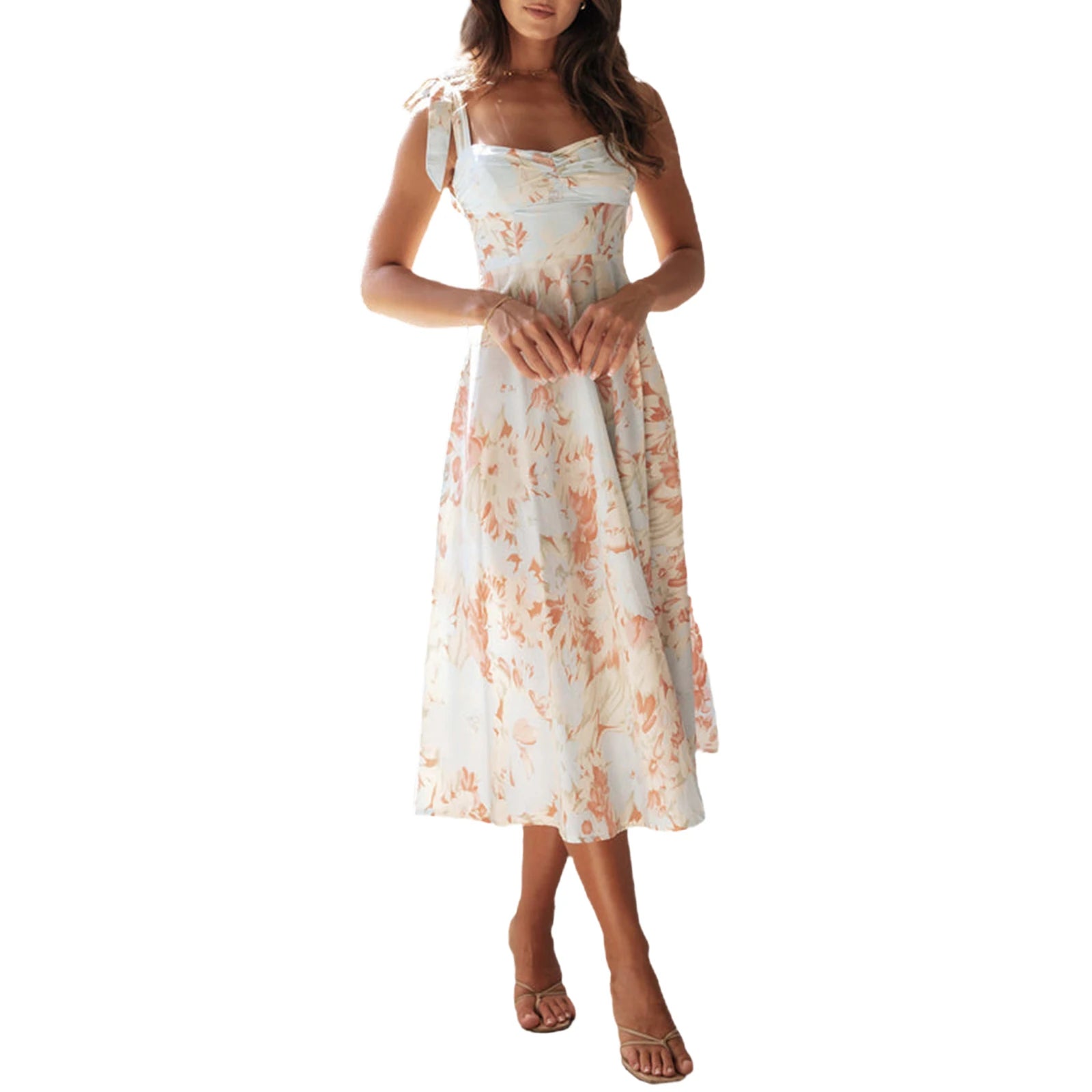 Women Sling Dress Sleeveless Low-cut Tie-up Flower Print Summer Long Dress for Cocktail Party