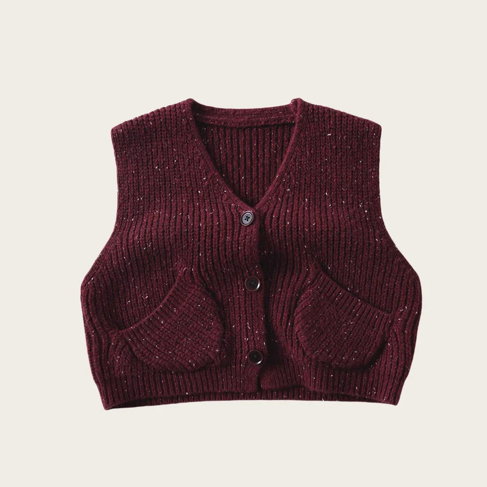 Baby Girls Boys 1-6Y Kids Girl Clothes Burgundy Knitted Cardigan Vest Soft Woolen Fabric Pocket Detail Casual Daily Wear Sweater