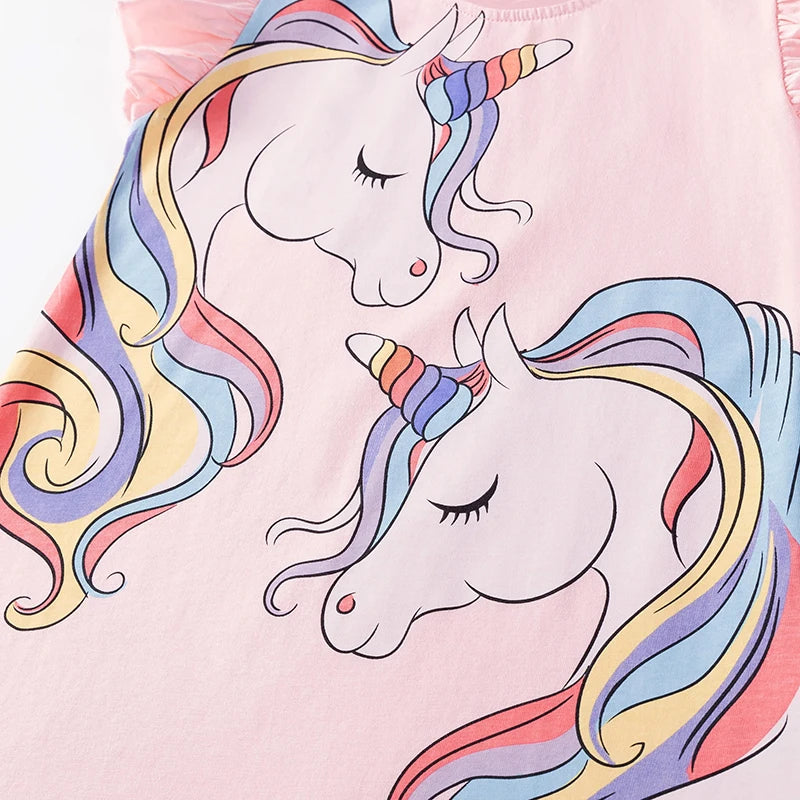 Baby Girls 2025 New Summer Kids Clothes Children's Clothing Cotton Cartoon Unicorns Pink Dresses Holiday Gifts