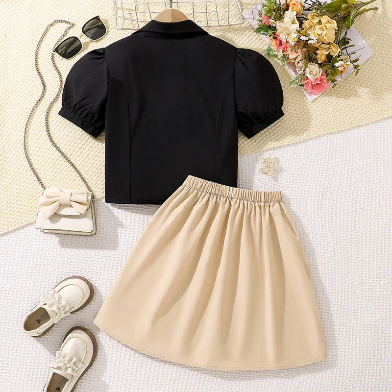 Kids Clothing Sets For Girls 8-12 Years Adorable V-neck Puff-sleeve T-shirt & Bow-knot Pleated Skirt 2 Pieces Set Summer Outfit