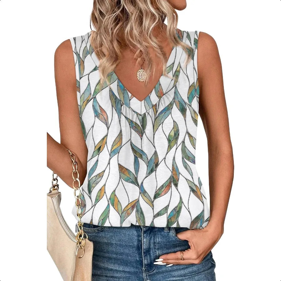 OFEEFAN Tank Top for Women Loose Fit Sleevel Shirts V Neck Summer Clothes Ruched Women's Tees and Tanks Curved Hem