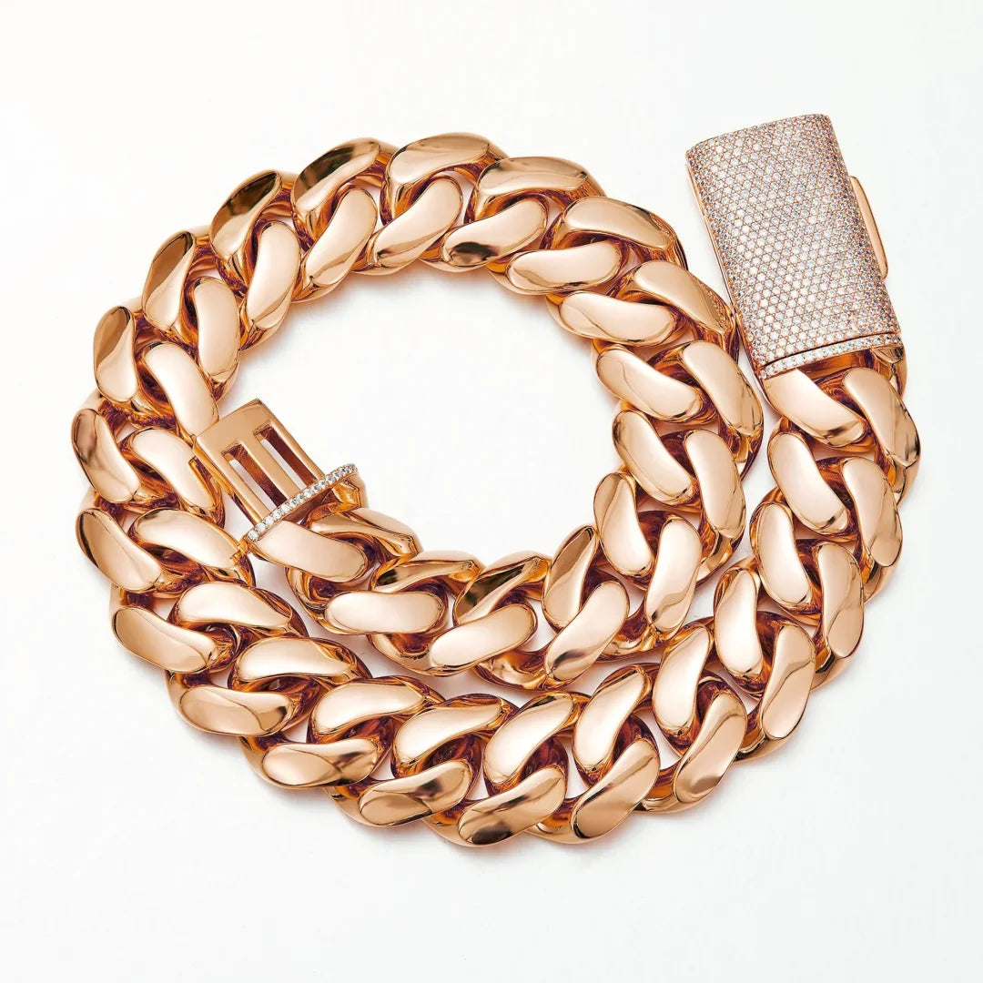 8-22mm Rose Gold  316L Stainless Steel  Cuban Miami Link Chain Iced Out CZ Box Clasp Necklace Fashion Hip Hop Unisex Jewelry