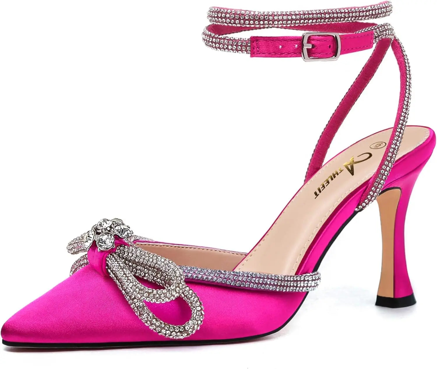 Women's Rhinestone Bow Heels Ankle Strap Pointed Toe Stiletto Heeled Sandals Wedding Bridal Dress Pumps Shoes