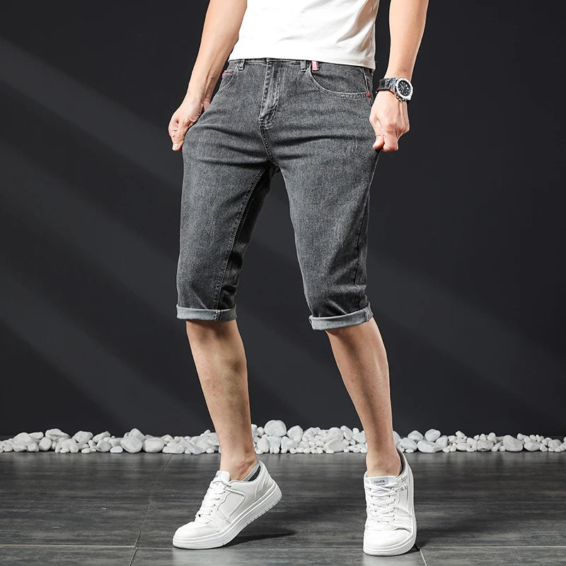 Mens Short Jeans Summer New Bermuda Casual Stretch Blue Knee Length Cropped Pants Slim Male Denim Shorts