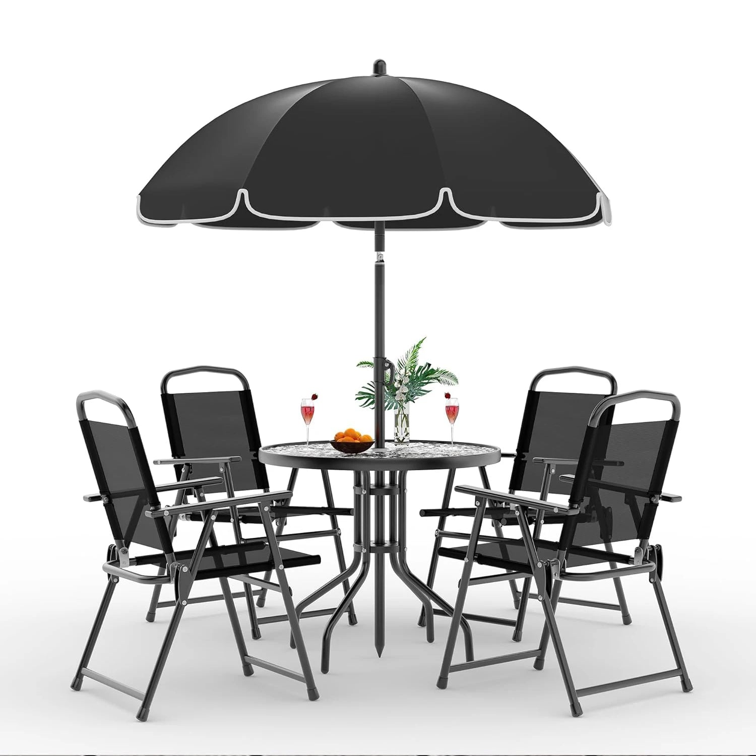 6 Piece Patio Dining Set for 4 with Umbrella, Outdoor Table and Chairs with 4 Folding Dining Chairs & Round Glass Table