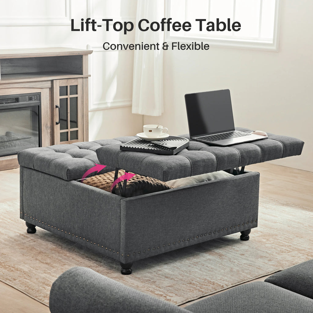 REDLIFE 35" Large Square Storage Ottoman Bench, Upholstered Coffee Table ,Lift Top Storage Ottoman Tufted Fabric for Living Room