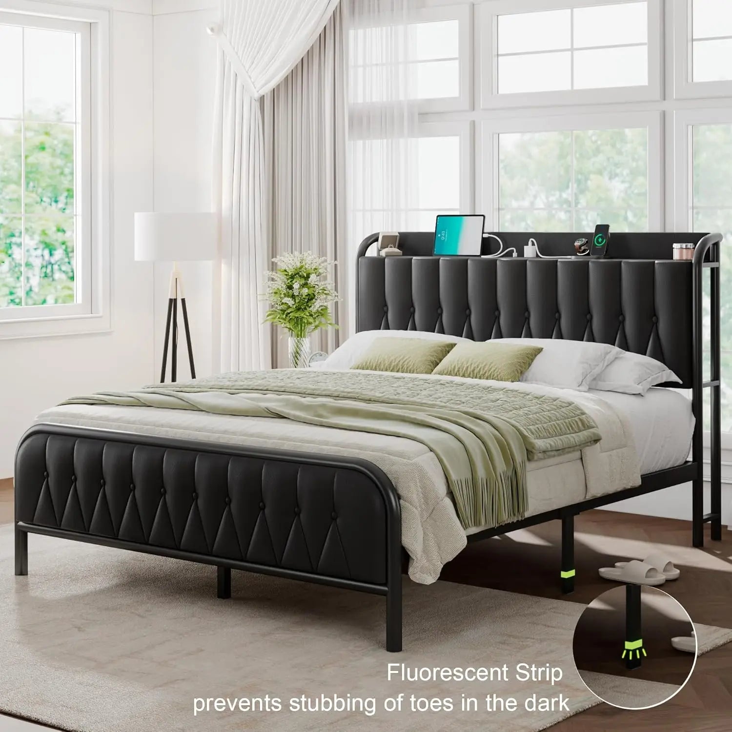 full-king Size Bed Frame with Fast Charging Station, 12" Underbed Storage Space, Easy Assembly, Noise-Free, Queen Bed Frame