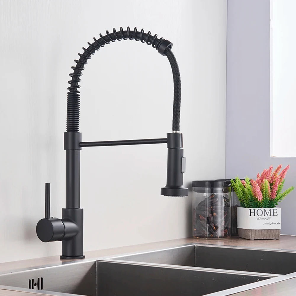 Spring Brushed Nickel Kitchen Faucet Deck Mounted Mixer Tap 360 Degree Rotation Stream Sprayer Nozzle Kitchen Sink Hot Cold Taps