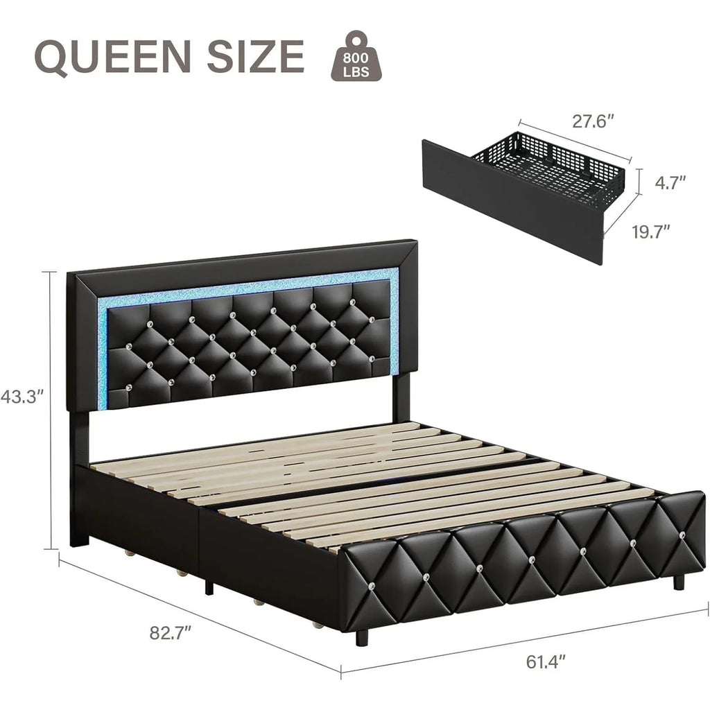 Queen Bed Frame with LED Lights, Upholstered Bed Frame with Storage Drawers, Modern Platform Bed Black