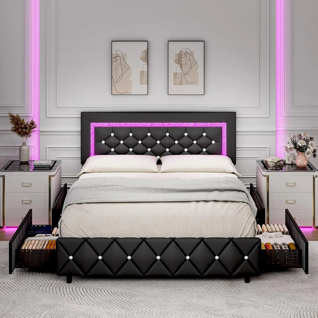 Queen Bed Frame with LED Lights, Upholstered Bed Frame with Storage Drawers, Modern Platform Bed Black