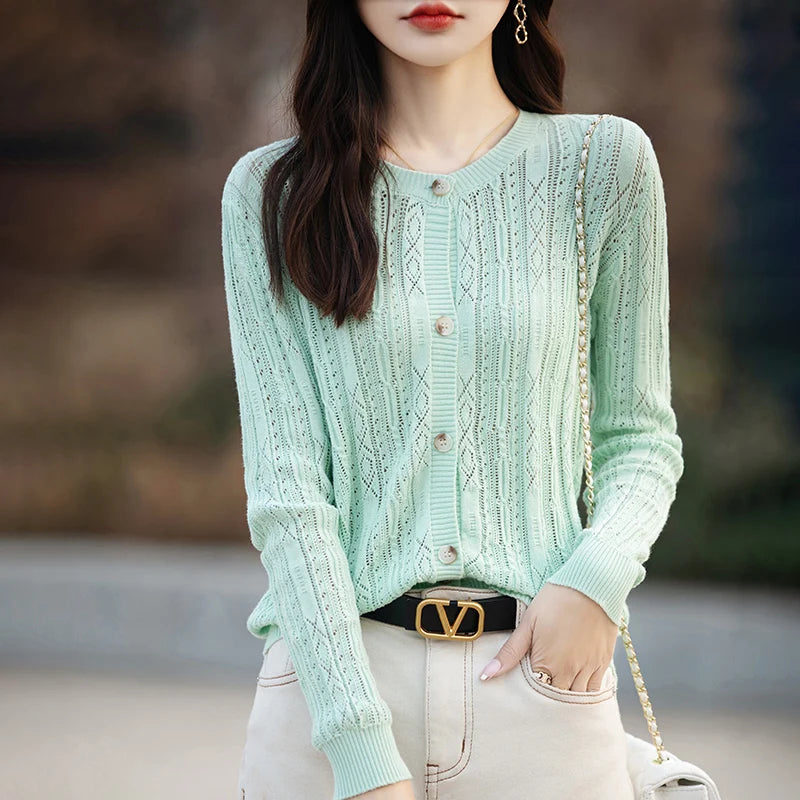 Women's Sweater Spring/Summer New 100% Cotton Coat Female O-Neck Knitted Cardigan Fashion Slim Top Clothing Long Sleeved Solid