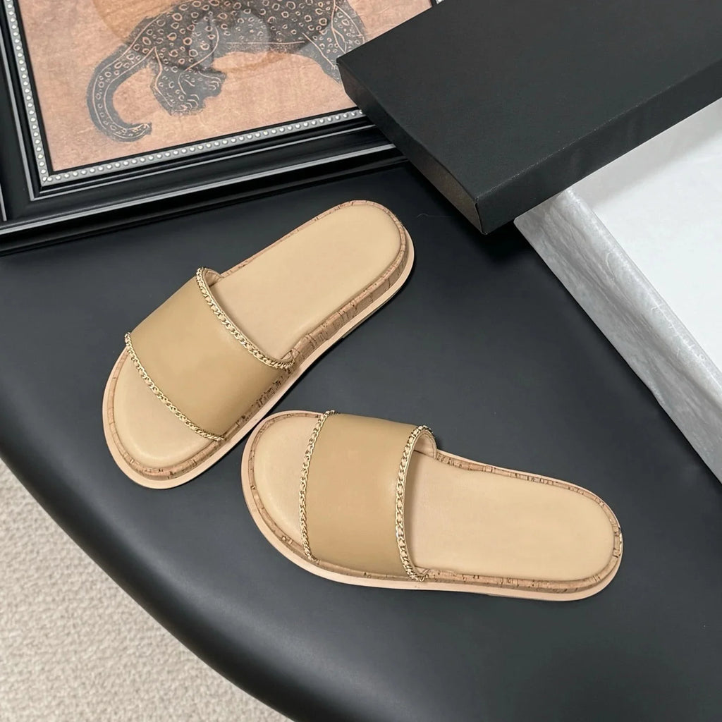 Shoes Women Size34-41 Genuine Leather Flip-Flops Low Heels Slippers Pearl Chain Summer Slides Designer Shoes Zapatillas De Mujer