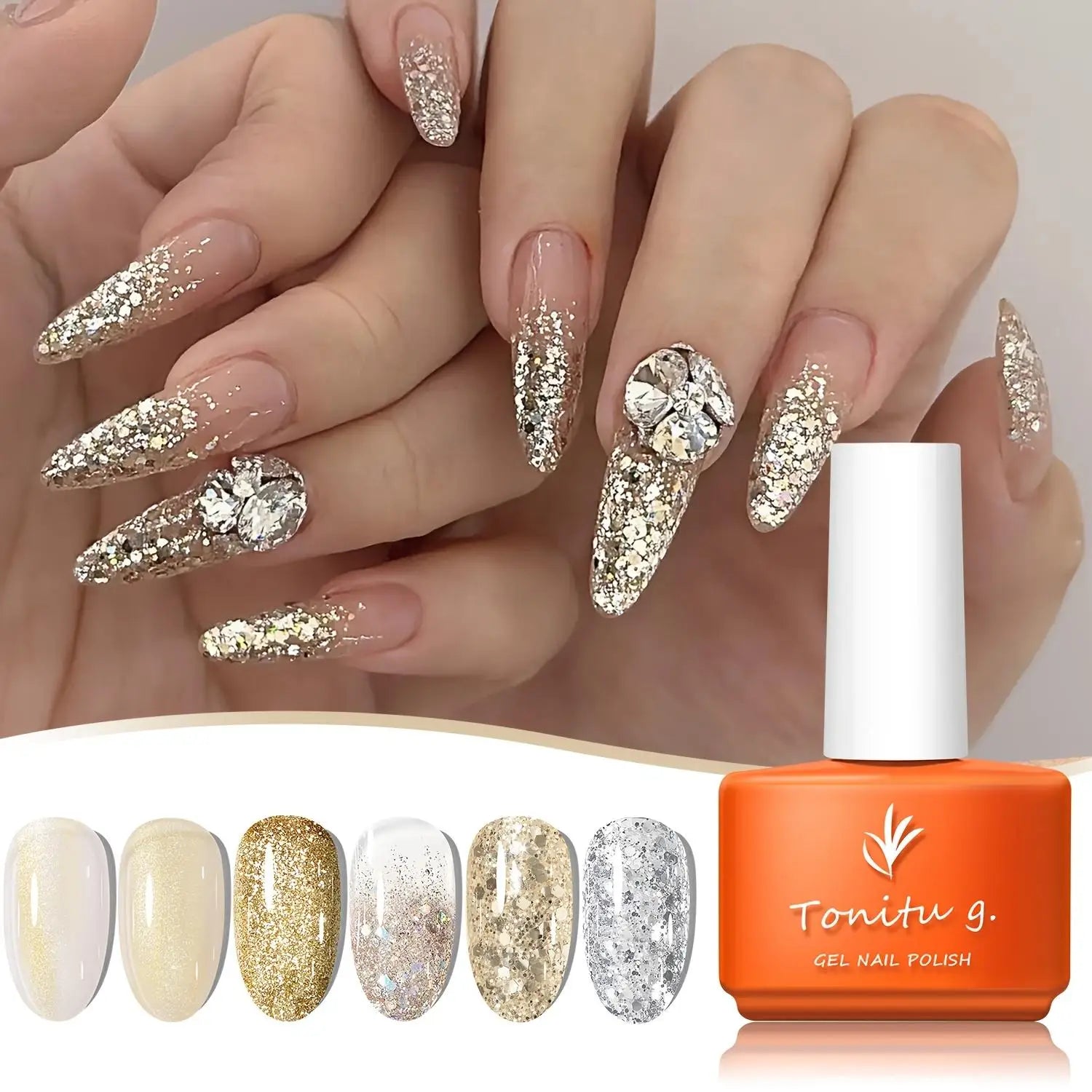 Gel Nail Polish Set 6 Colors, Glitter Golden, Silvery, Macaron, Red, Gel Set, Soak Off UV/LED,  for Salon Manicure and Home DIY