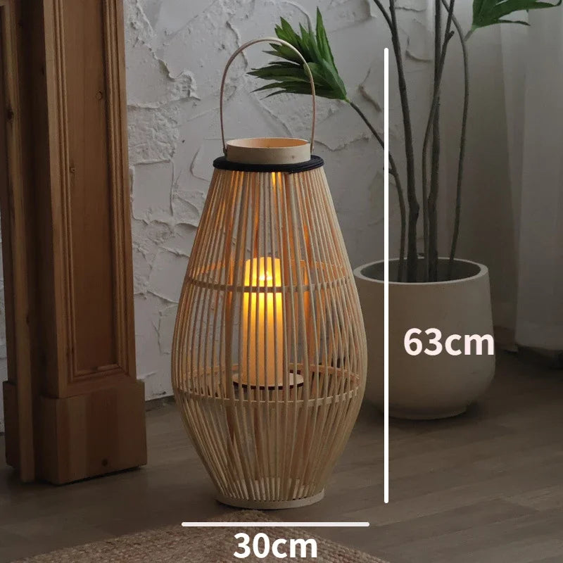 Vintage Wood Floor Candlestick Natural Bamboo Lantern Room Garden Hall Candle Holders Nordic Home Decoration Accessories Cage