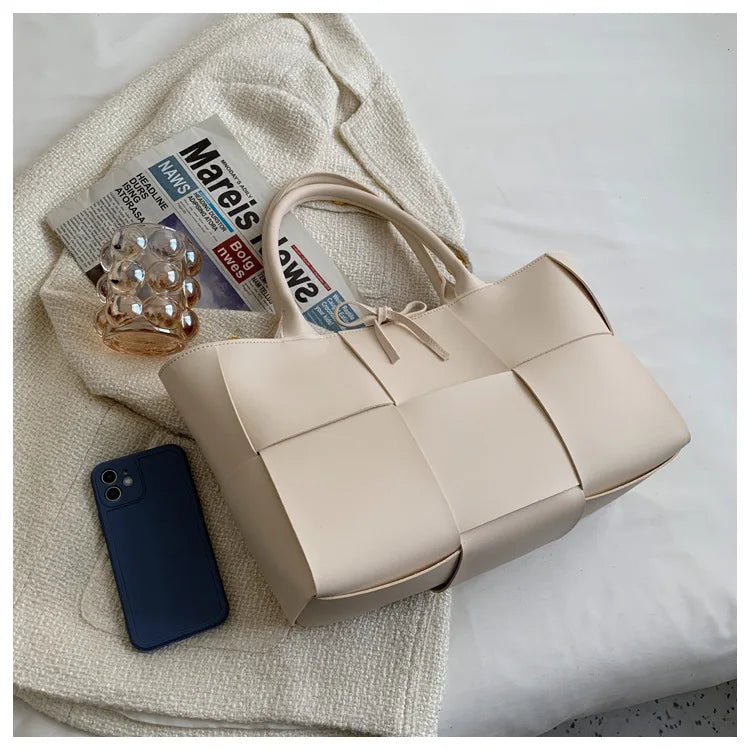 Large Capacity Handbags for Women 2022 Fashion Leather Woven Tote Bags Designer Solid Color Lacing Plaid PU Shoulder Bags