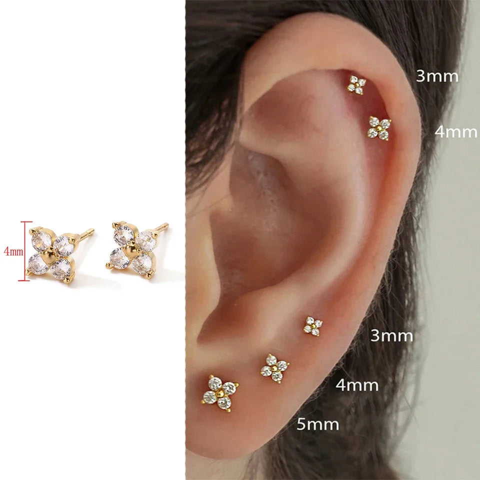 Yupsk Dainty Flower Stainless Steel Butterfly Stud Earrings for Women Cartilage Ear Ring Cute Zircon Gold Color Clover Jewelry
