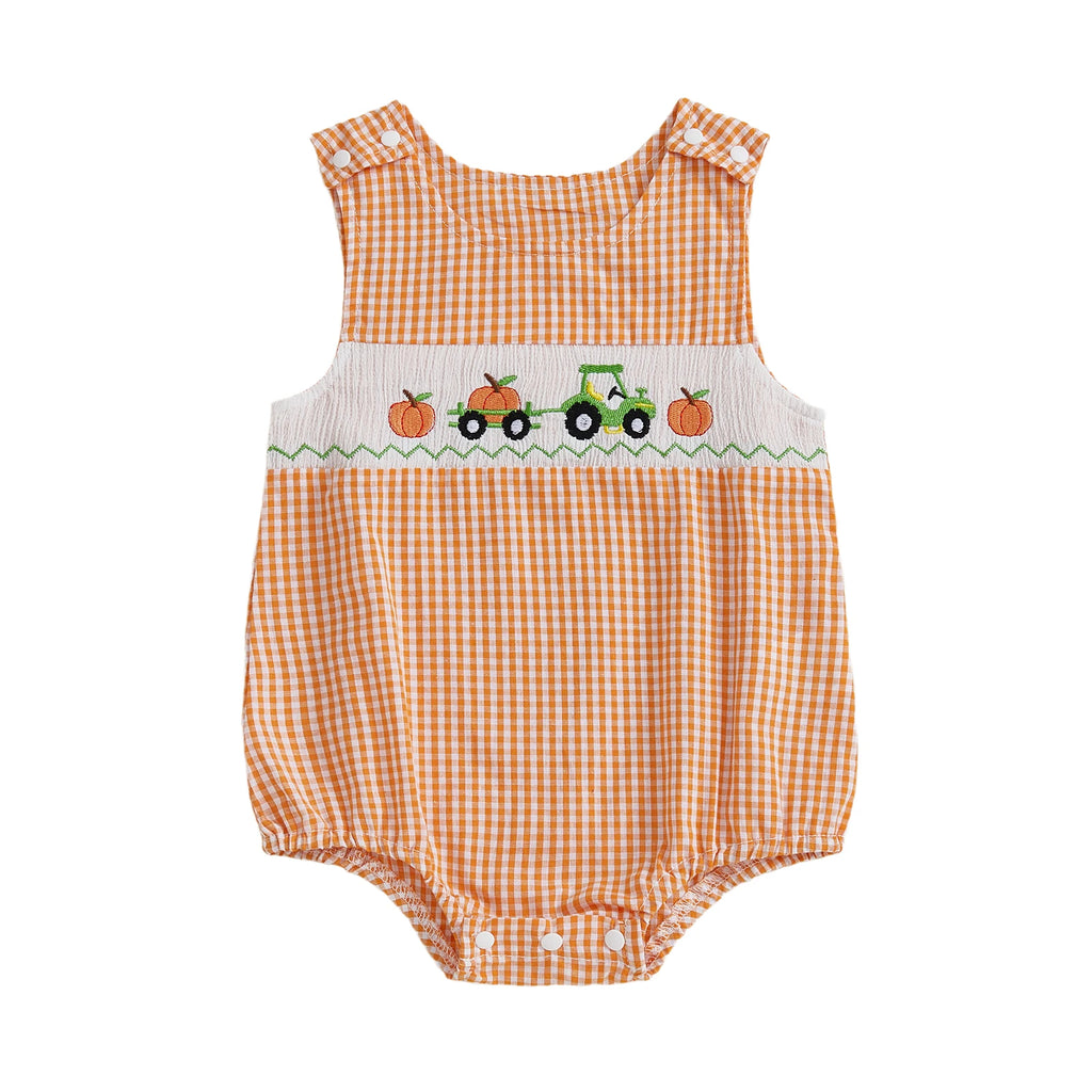 Toddler Boy Autumn Plaid Overall Thanksgiving Turkey and Cornucopia Embroidery Crew Neck Sleeveless Rompers