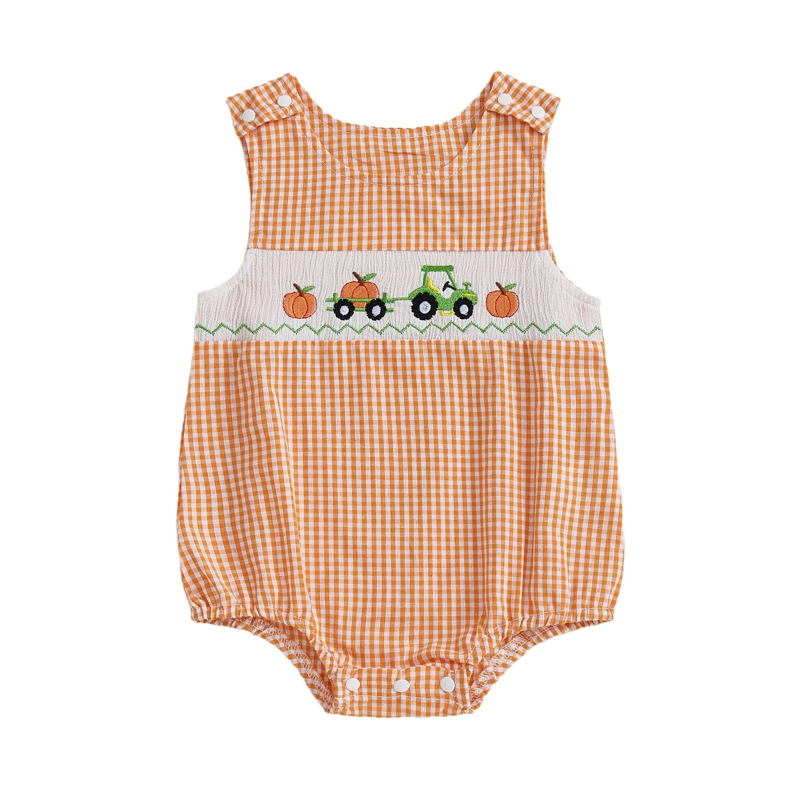 Toddler Boy Autumn Plaid Overall Thanksgiving Turkey and Cornucopia Embroidery Crew Neck Sleeveless Rompers